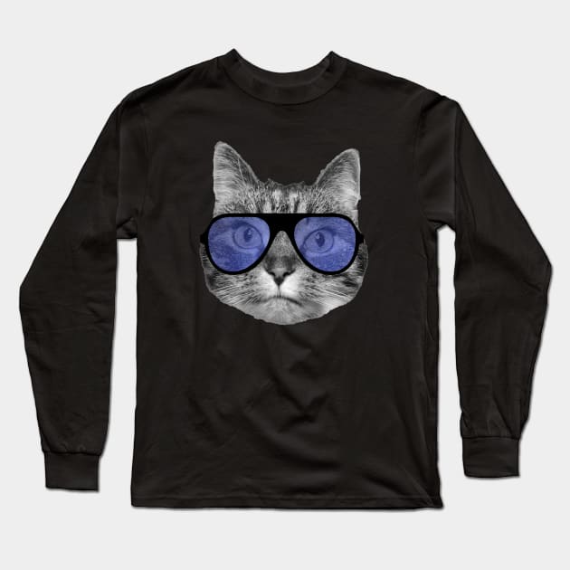 Cat wearing cool blue sunglasses Long Sleeve T-Shirt by Purrfect